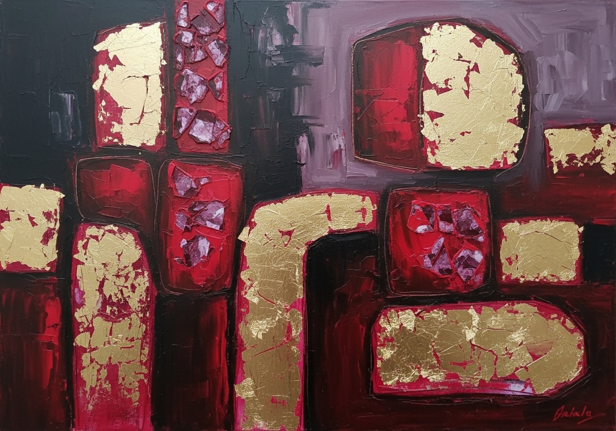 ראם תמר - ציור שמן מופשט עם עלי זהב